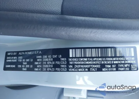 2023 Alfa Romeo Stelvio Sprint Awd из США, поврежденный, VIN ZASPAKANXP7D64002